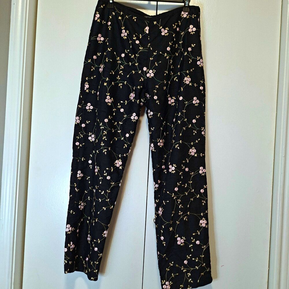 Karen Kane Womens Black 100% Silk Floral Embroidered Flat Front Dress Pants 10